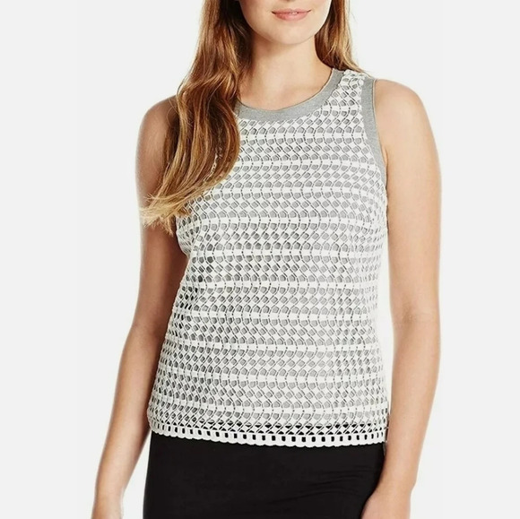 $129 Calvin Klein Women's Scuba-Lined Gray White Lace Shell Sleeveless Top Sz 4 - Picture 1 of 7